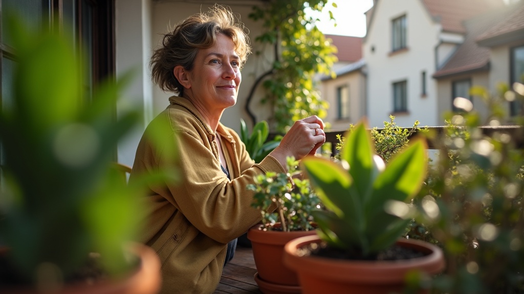 Urban balcony gardener adjusting a lush shade-loving plant in a small, sun-dappled space surrounded by city buildings.