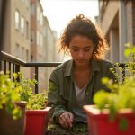 Young adult planting herbs on a sunlit apartment balcony surrounded by colorful, upcycled kitchen container planters within a compact space.
