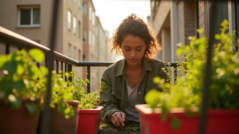 Young adult planting herbs on a sunlit apartment balcony surrounded by colorful, upcycled kitchen container planters within a compact space.