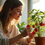 Adult tending a healthy tomato plant by a sunny window in a small apartment, highlighting the challenges and rewards of indoor gardening.