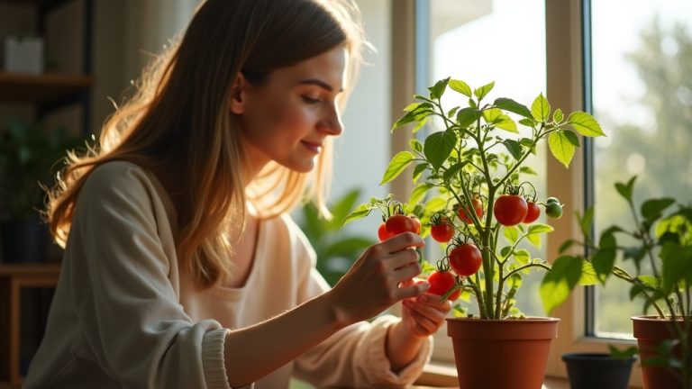 Adult tending a healthy tomato plant by a sunny window in a small apartment, highlighting the challenges and rewards of indoor gardening.