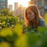 A city dweller tending lush plants on a sunlit urban balcony, partially hidden by dense greenery that creates a private, tranquil space.