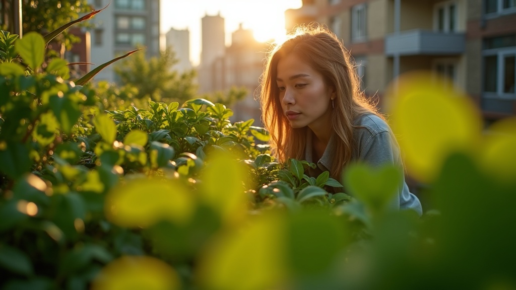 A city dweller tending lush plants on a sunlit urban balcony, partially hidden by dense greenery that creates a private, tranquil space.
