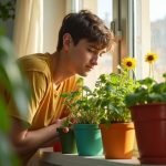 A young adult arranging colorful plant pots filled with greenery on a sunlit apartment windowsill, with natural light highlighting lush leaves in a compact space.