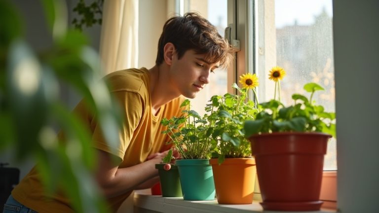 A young adult arranging colorful plant pots filled with greenery on a sunlit apartment windowsill, with natural light highlighting lush leaves in a compact space.