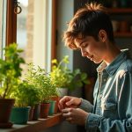 A young adult arranges potted herbs on a sunny apartment windowsill, surrounded by lush plants and cozy decor, emphasizing early care in a lived-in space.