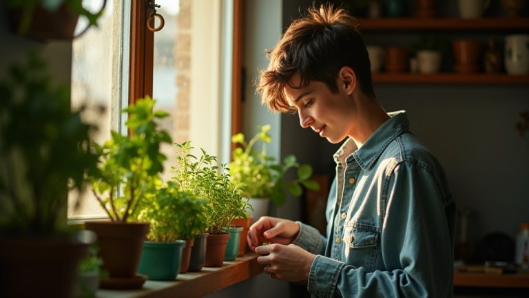 A young adult arranges potted herbs on a sunny apartment windowsill, surrounded by lush plants and cozy decor, emphasizing early care in a lived-in space.