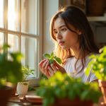 A young woman in a sunlit apartment kitchen holds fresh basil leaves near overflowing potted basil plants, preparing a meal in a cozy, lively space.