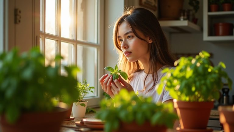 A young woman in a sunlit apartment kitchen holds fresh basil leaves near overflowing potted basil plants, preparing a meal in a cozy, lively space.