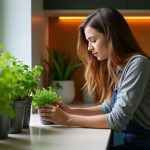 A young adult carefully arranges herb planters on a narrow kitchen windowsill, highlighting the challenges of gardening in a compact urban space.