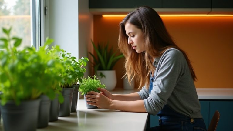 A young adult carefully arranges herb planters on a narrow kitchen windowsill, highlighting the challenges of gardening in a compact urban space.