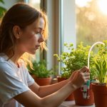 Young adult adjusting a compact drip irrigation system among potted plants on a sunny apartment windowsill, emphasizing safe urban gardening in limited space.