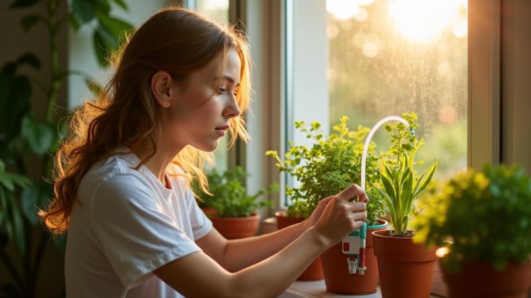 Young adult adjusting a compact drip irrigation system among potted plants on a sunny apartment windowsill, emphasizing safe urban gardening in limited space.