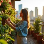 A person arranging a plant onto a lush vertical garden on a small apartment balcony, sunlight highlighting vivid greenery against a city backdrop.