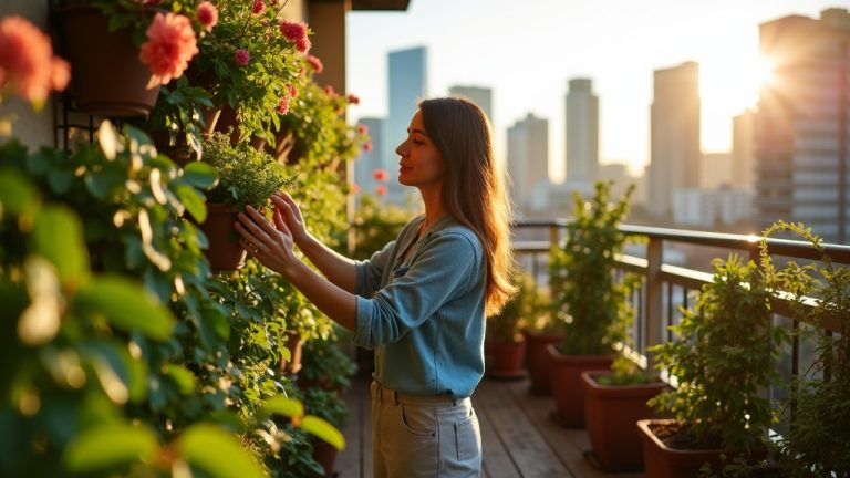 A person arranging a plant onto a lush vertical garden on a small apartment balcony, sunlight highlighting vivid greenery against a city backdrop.