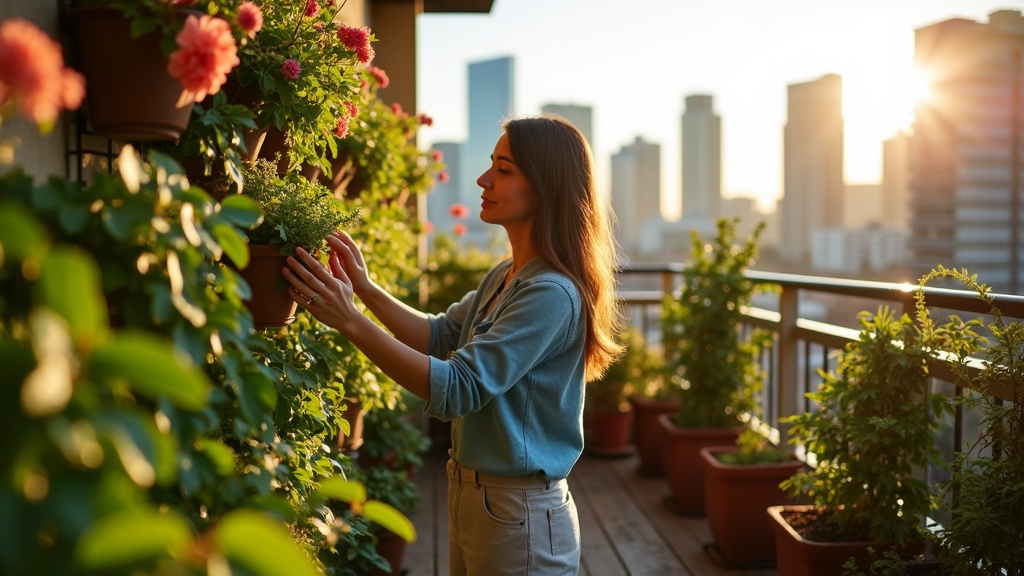 A person arranging a plant onto a lush vertical garden on a small apartment balcony, sunlight highlighting vivid greenery against a city backdrop.