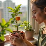 A young adult carefully tending to a small fruit plant on an apartment windowsill, cityscape softly visible beyond the sunlit glass.