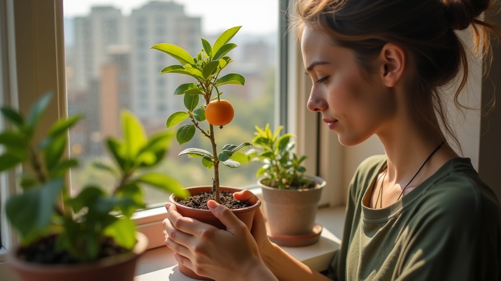 A young adult carefully tending to a small fruit plant on an apartment windowsill, cityscape softly visible beyond the sunlit glass.