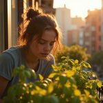 A young adult tending to yellowing basil on a sunlit, cluttered city balcony, surrounded by vibrant urban colors and blurred buildings.