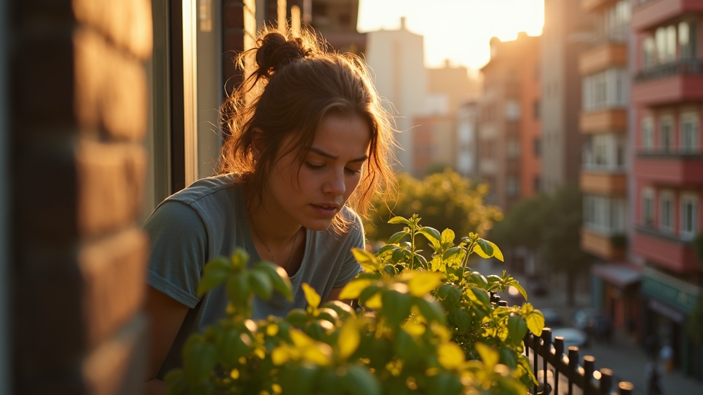 A young adult tending to yellowing basil on a sunlit, cluttered city balcony, surrounded by vibrant urban colors and blurred buildings.