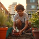 Person tending pots on a sunlit apartment balcony, reworking potting soil among plants with city views in the background