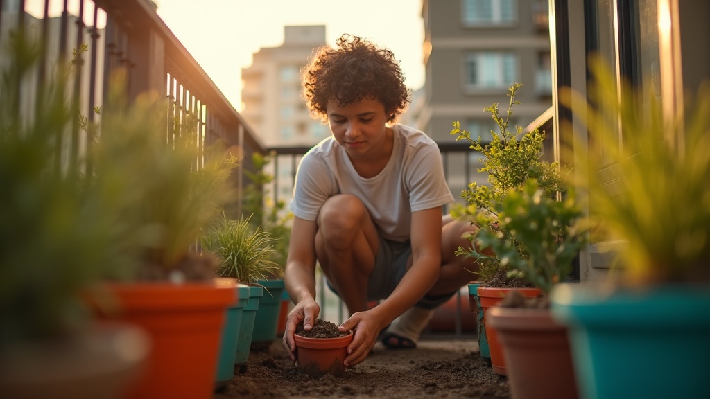 Person tending pots on a sunlit apartment balcony, reworking potting soil among plants with city views in the background
