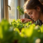 A young adult tending lush lettuce plants on a sunlit apartment windowsill, with city buildings softly blurred in the background.