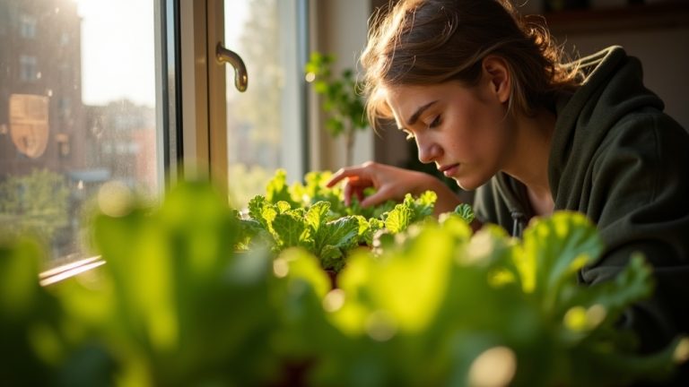 A young adult tending lush lettuce plants on a sunlit apartment windowsill, with city buildings softly blurred in the background.