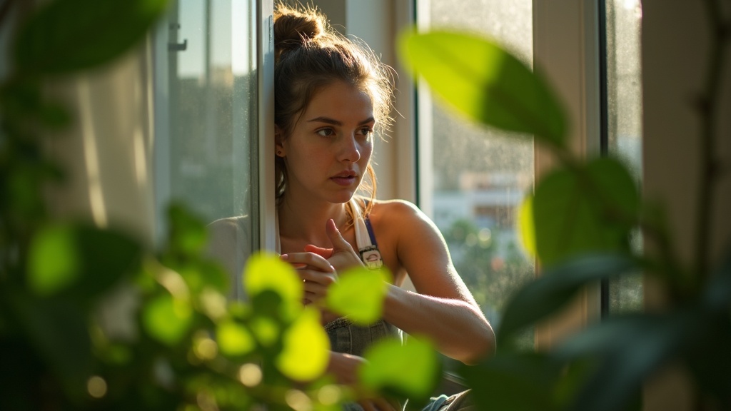 Young urban gardener adjusting a reflective panel among lush houseplants in a cozy, sun-dappled apartment corner