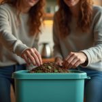 A young couple laughs and tends to an indoor compost bin in their small urban kitchen, warm morning light and cozy details highlighting apartment life.