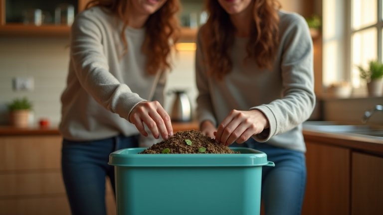 A young couple laughs and tends to an indoor compost bin in their small urban kitchen, warm morning light and cozy details highlighting apartment life.