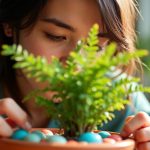 A young adult carefully arranges colorful pebbles at the base of a leafy houseplant in a sunlit apartment, focusing on pest prevention.