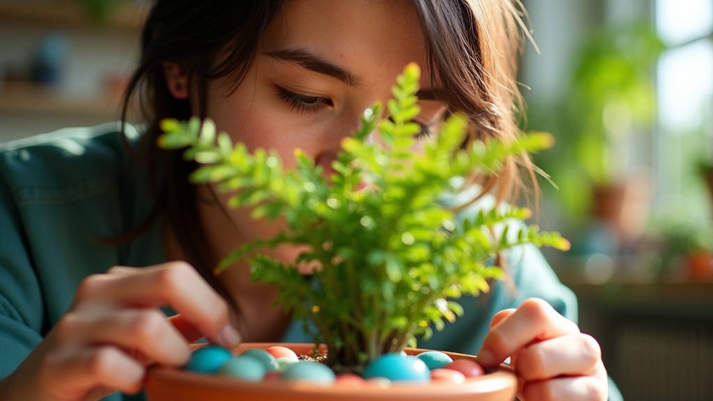 A young adult carefully arranges colorful pebbles at the base of a leafy houseplant in a sunlit apartment, focusing on pest prevention.