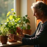 A person adjusts a leafy plant on a north-facing apartment windowsill, bathed in soft afternoon light with cozy home accents and a warm color palette.