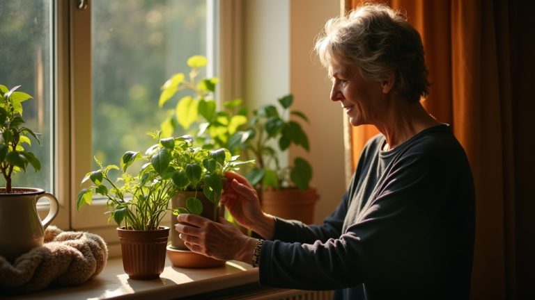 A person adjusts a leafy plant on a north-facing apartment windowsill, bathed in soft afternoon light with cozy home accents and a warm color palette.