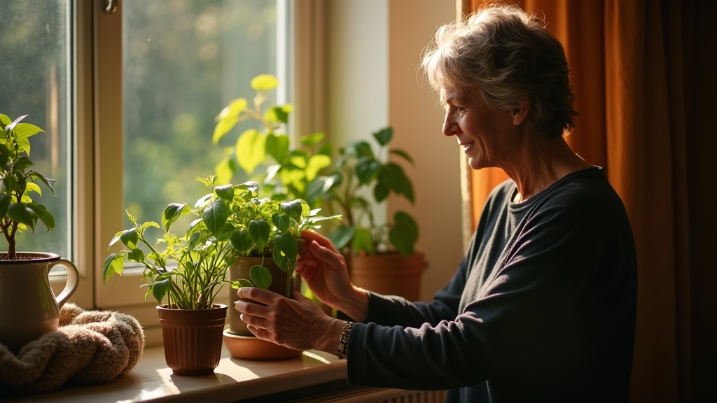 A person adjusts a leafy plant on a north-facing apartment windowsill, bathed in soft afternoon light with cozy home accents and a warm color palette.