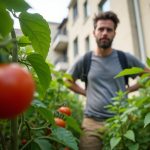 Urban gardener on a small balcony examines healthy tomato foliage and undersized fruit under mixed sunlight, reflecting frustration with slow mid-season growth.