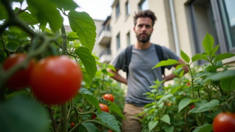 Urban gardener on a small balcony examines healthy tomato foliage and undersized fruit under mixed sunlight, reflecting frustration with slow mid-season growth.