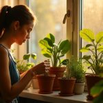 A young adult in an urban apartment adjusts water levels and adds pebbles to various houseplants on a sunlit windowsill, highlighting renter-friendly drainage care.