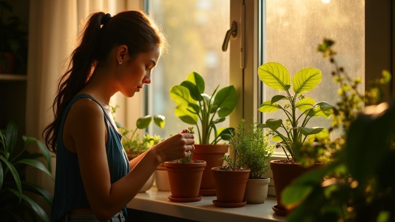 A young adult in an urban apartment adjusts water levels and adds pebbles to various houseplants on a sunlit windowsill, highlighting renter-friendly drainage care.