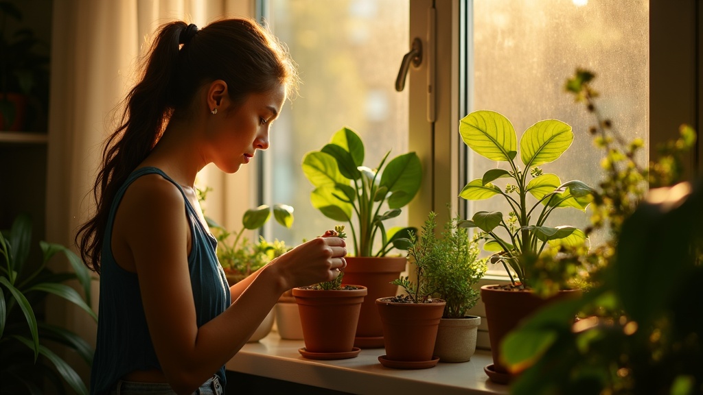 A young adult in an urban apartment adjusts water levels and adds pebbles to various houseplants on a sunlit windowsill, highlighting renter-friendly drainage care.