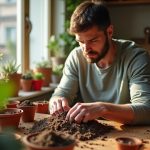 Person evaluating various soil blends at a sunlit kitchen table, surrounded by indoor vegetable pots and highlighted natural details.