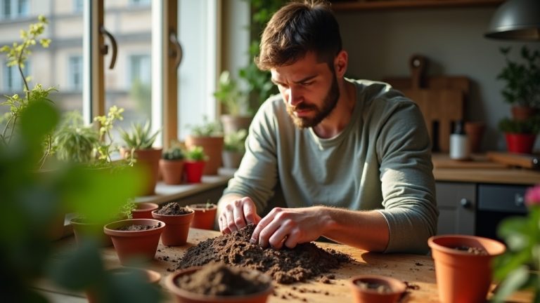 Person evaluating various soil blends at a sunlit kitchen table, surrounded by indoor vegetable pots and highlighted natural details.