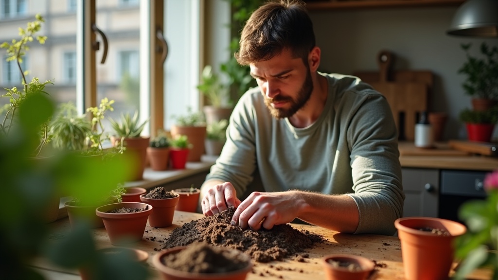 Person evaluating various soil blends at a sunlit kitchen table, surrounded by indoor vegetable pots and highlighted natural details.