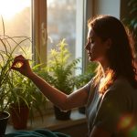 Young adult adjusting leggy houseplants near a sunlit window in a cozy apartment, highlighting crowded green foliage and low winter light.