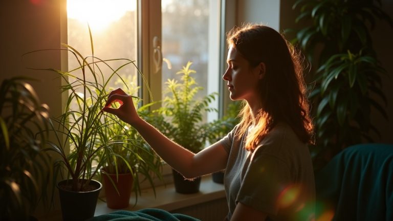 Young adult adjusting leggy houseplants near a sunlit window in a cozy apartment, highlighting crowded green foliage and low winter light.
