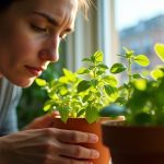 An apartment gardener adjusts vibrant herbs on a sunny windowsill, surrounded by lush leaves and terracotta pots in a compact urban space.