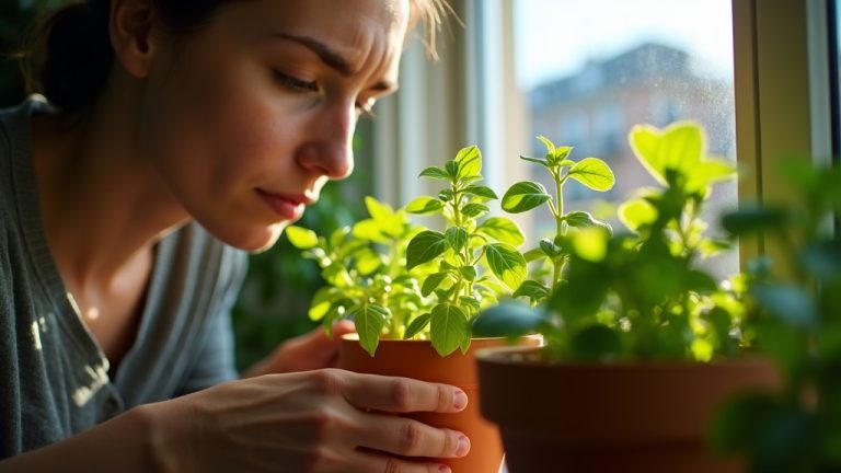 An apartment gardener adjusts vibrant herbs on a sunny windowsill, surrounded by lush leaves and terracotta pots in a compact urban space.
