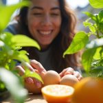 Hands placing eggshells among lush plants on a sunny apartment balcony, illustrating inventive kitchen waste reuse for small-space urban gardening.