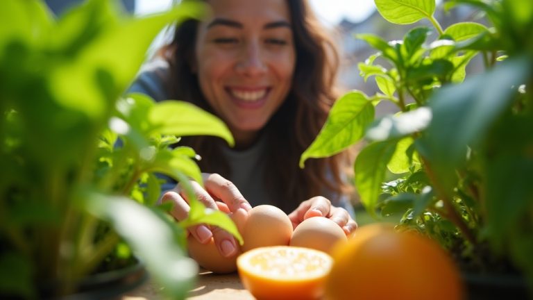 Hands placing eggshells among lush plants on a sunny apartment balcony, illustrating inventive kitchen waste reuse for small-space urban gardening.